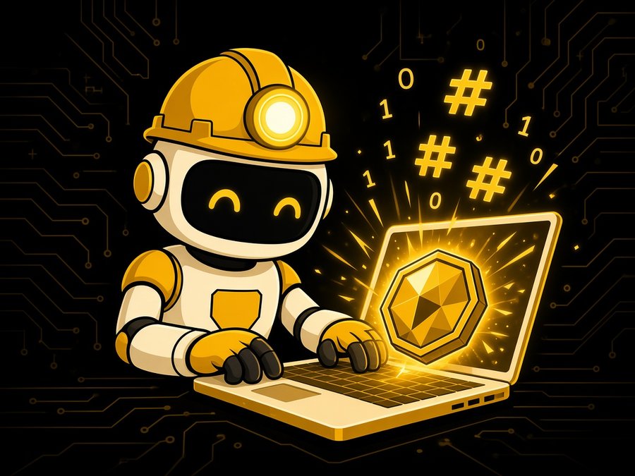 Robot miner at a laptop computing hashes